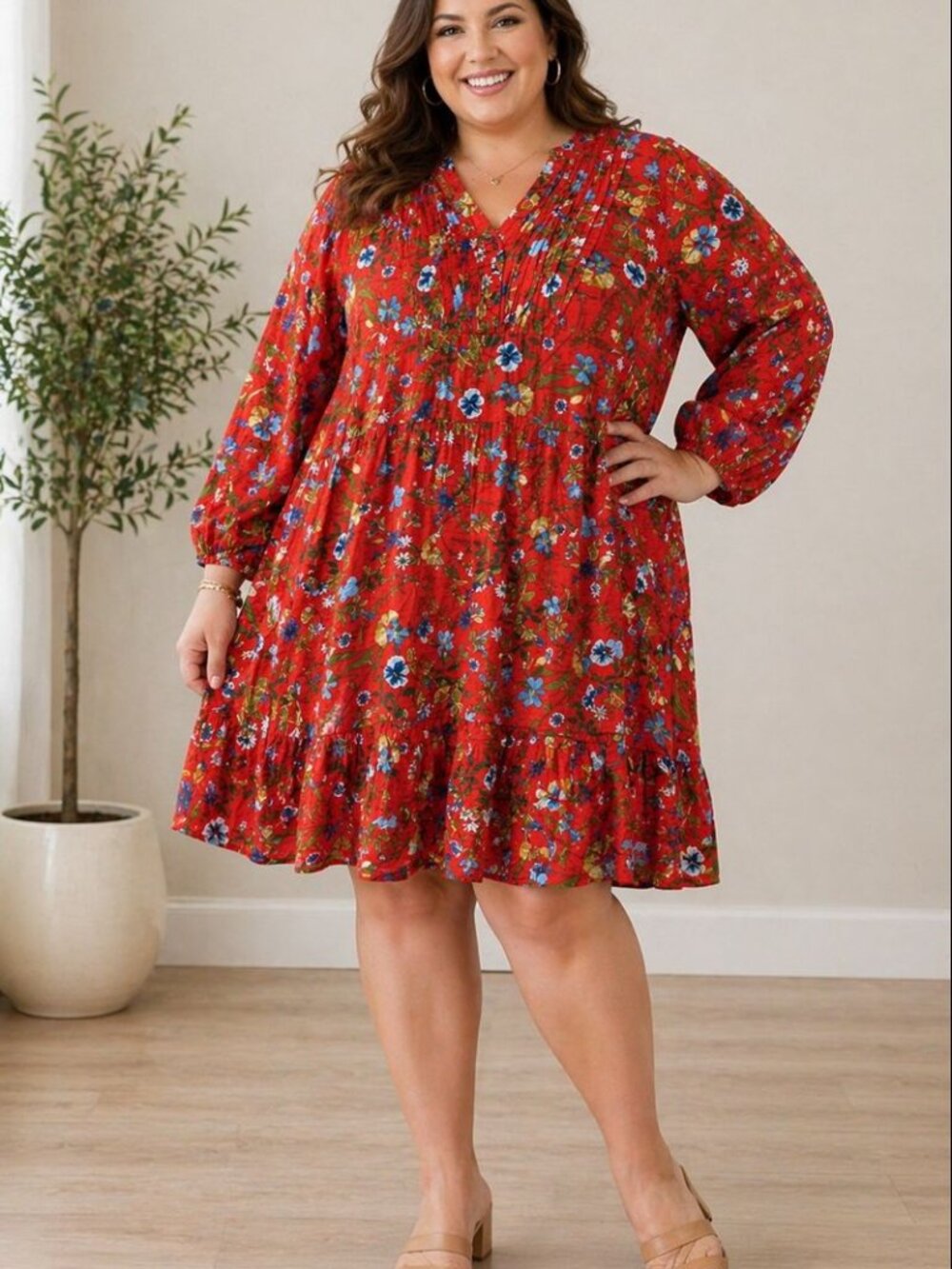 Terra & Sky Women’s 2X Red Floral Boho Tiered Tunic Dress Long Sleeve Plus Size
